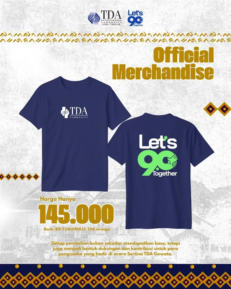 Desain kaos official merchandise TDA Gowa Takalar 9.0 model reguler — navy, depan logo TDA, belakang Let's 9.0 Together